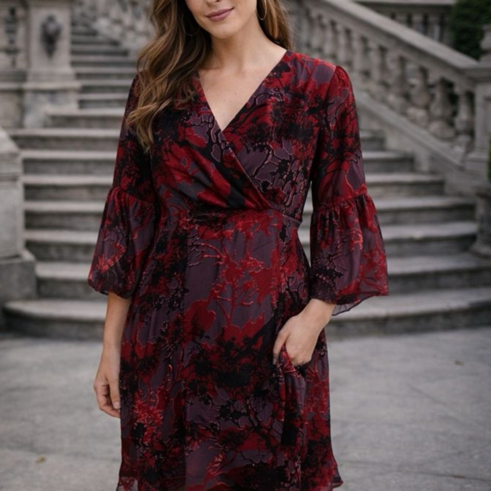 Newport News Dress‎ Large Red Floral Velvet Burnout Bell Sleeves Dark Romantic